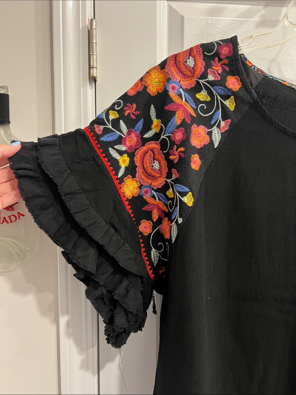 Umgee Black Top with Colorful Floral Embroidered Sleeves - Picture 2 of 6